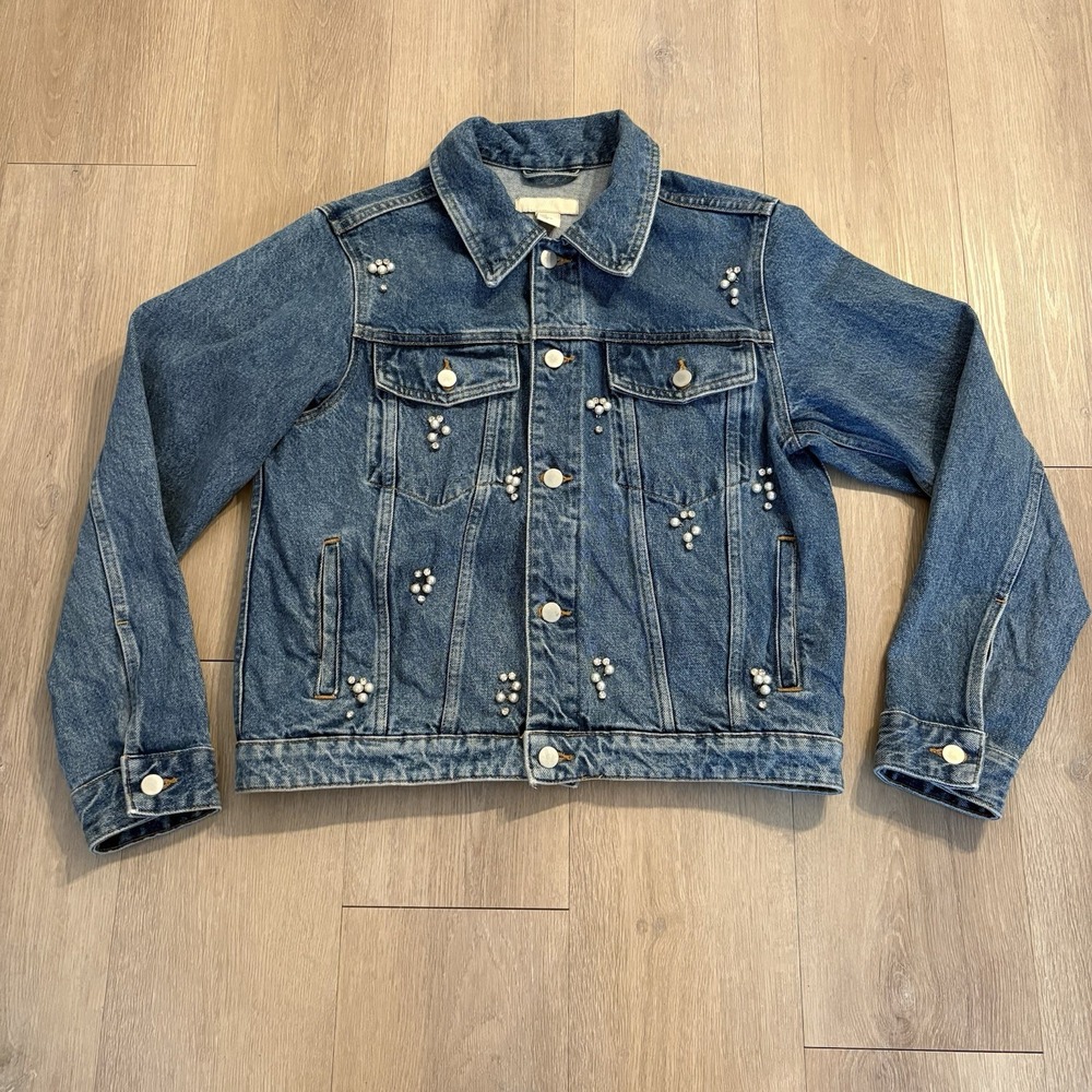 H & M Womens Jean Jacket Size 8 Medium Wash Blue 100% Cotton Bling Button Up